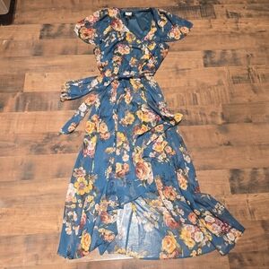 DKNY Floral Faux Wrap Dress [Size 16] Green Gold Floral Pretty Romantic